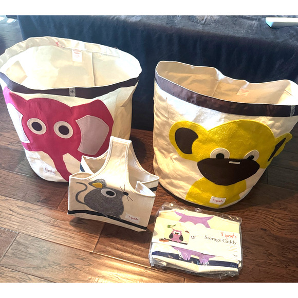 3 Sprouts Canvas Storage Bins Laundry Toy Basket Kids rooms monkey elephant owl - Picture 1 of 8